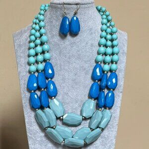 Three Layers Blue And Royal Blue Faceted Lucite Bead Gradual Necklace Earring